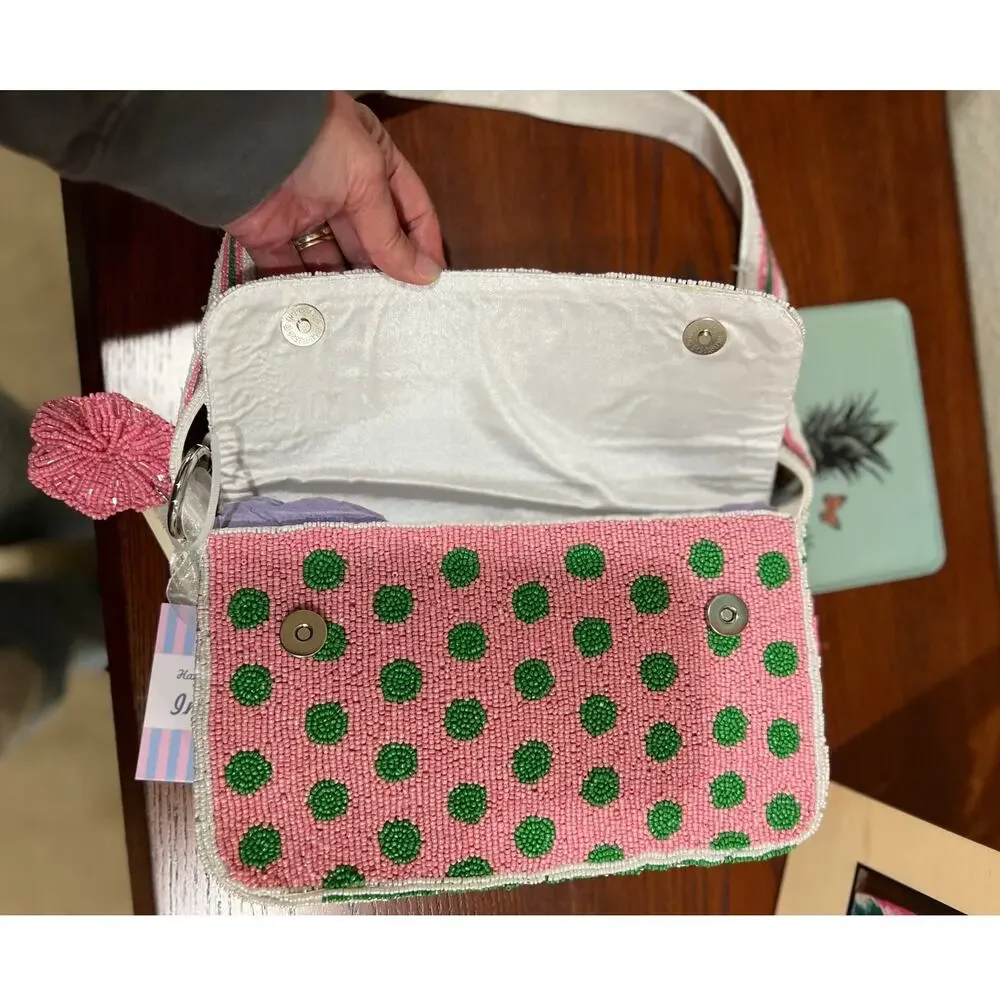 NWT Handcrafted India Beaded Purse Pink Green Striped Artsy Charm Shoulder Bag